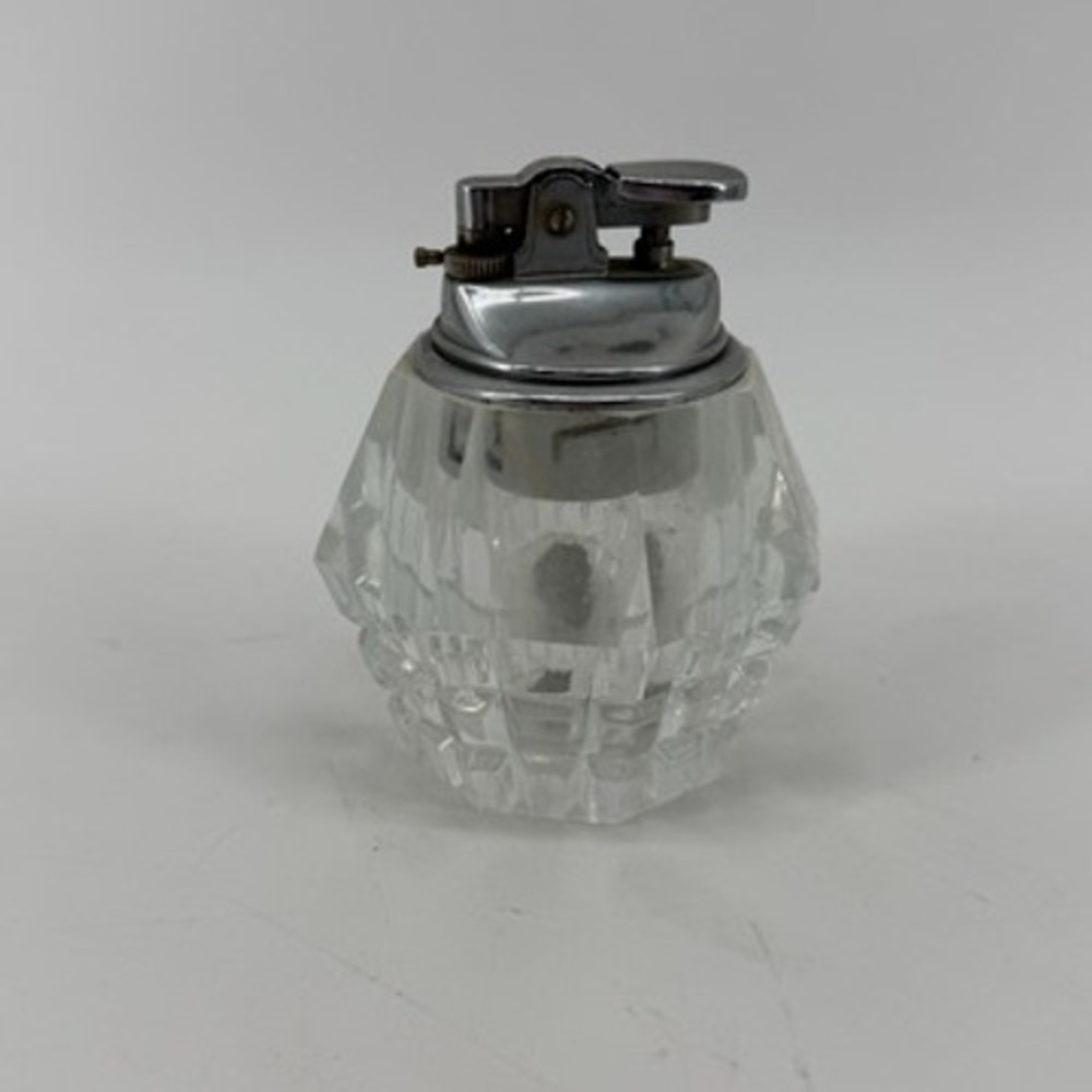 Vintage Faceted Clear Glass Table Lighter Chrome Lift Arm Mid Century Modern
